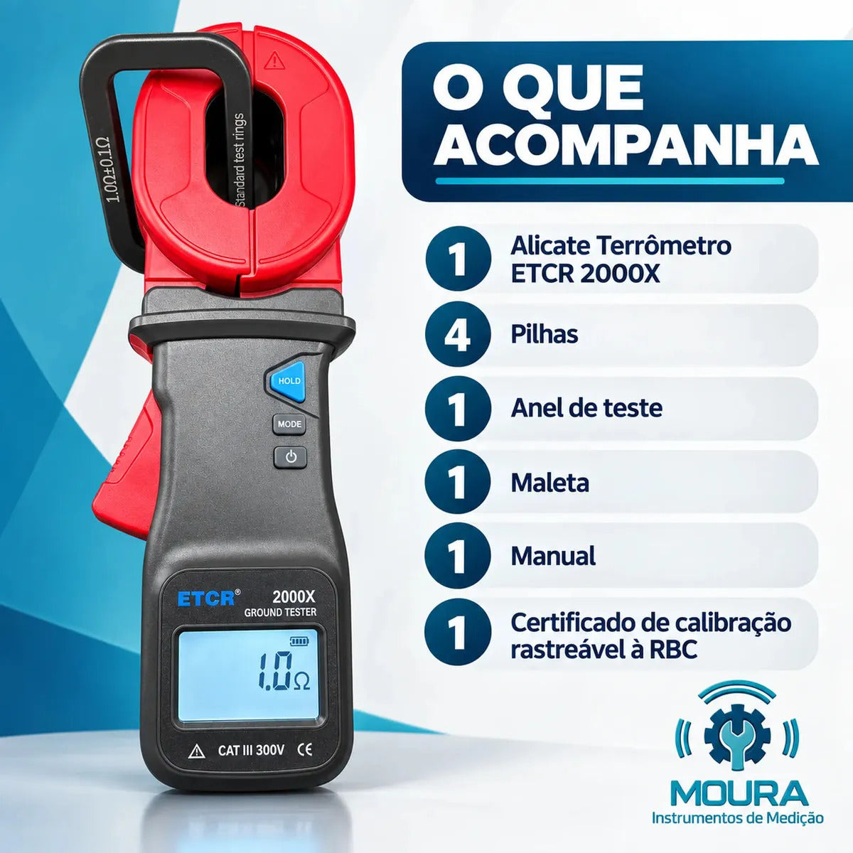 Alicate Terrômetro Digital 2000X Com Certificado de Calibração - Moura Instrumentos - Mede Sem Usar Estacas
