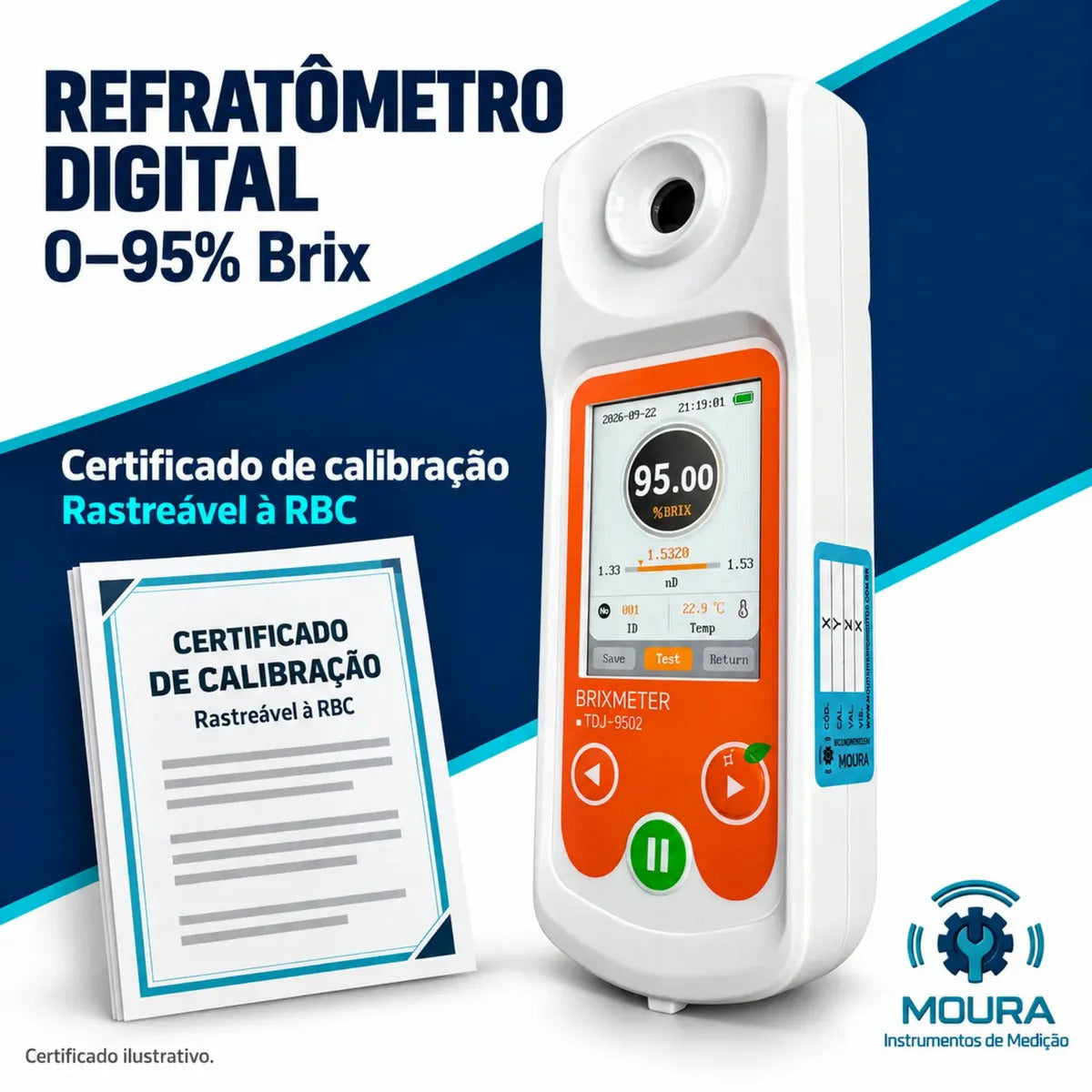 Refratômetro Digital 0-95% Brix TDJ-9502 com Certificado de Calibração